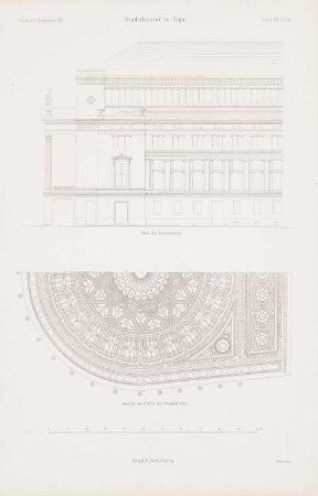 Stadttheater, Riga: Seitenansicht, Ansicht Glasdecke (aus: Atlas zur Zeitschrift für Bauwesen, hrsg. v. G. Erbkam, Jg. 19, 1869)