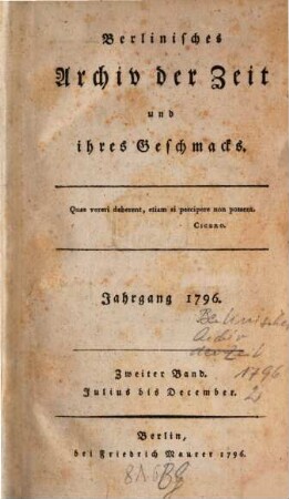 Berlinisches Archiv der Zeit und ihres Geschmacks. 1796,2, 1796, 2