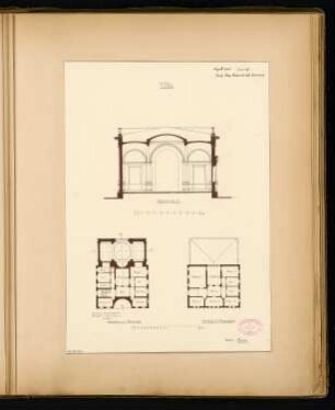 Villa Monatskonkurrenz April 1880: Grundriss Obergeschoss, Dachgeschoss, Querschnitt; 2 Maßstabsleisten