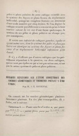 Quelques réflexions sur l'étude géométrique des courbes géométriques et théorèmes pouvant y ètre utiles.
