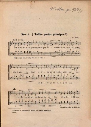Caecilia : Samml. von Gradualien, Offertorien, Antiphonen & Hymnen ; für gem. Chor, 1. 1871. - 16 S. + 4 St.