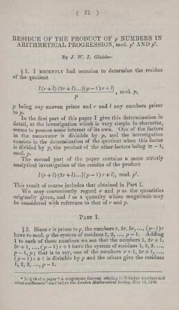 Residue of the product of p numbers in arithmetical progression, mod. ... .