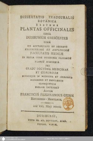Dissertatio Inauguralis Botanica Sistens Plantas Officinales Circa Duisburgum Crescentes