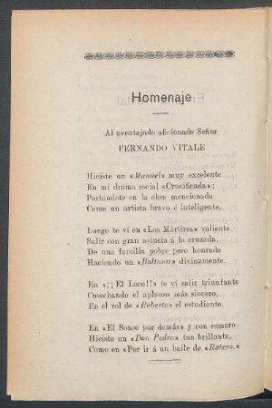 Homenaje : Al aventajado aficionado Señor Fernando Vitale