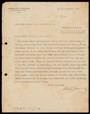 Brief von Albrecht Schaeffer an Franz Rosenzweig
