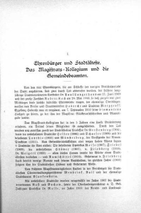 I. Ehrenbürger und Stadtälteste Das Magistrats-Kollegium und die Gemeindebeamten