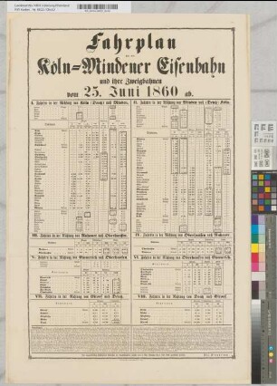 Fahrplan für die Köln-Mindener Eisenbahn und ihre Zweigbahnen vom 25. Juni 1860 ab. Druck von M. DuMont-Schauberg in Köln