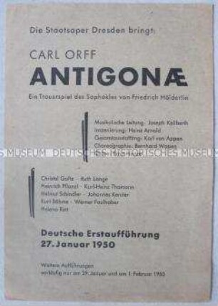 Programmblatt zur Aufführung des Oper "Antigonae" in der Staatsoper Dresden