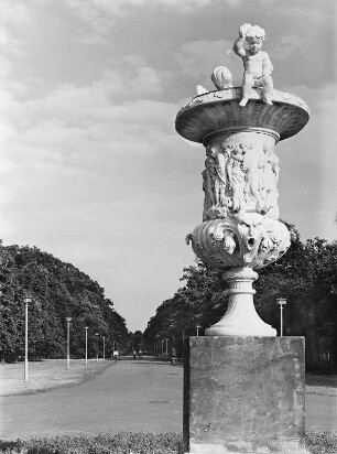 Dresden. Großer Garten, Vase am Palaisteich : Dresden-Altstadt, Großer Garten. Vase mit Psyche (Üppigkeitsvase, vor 1722; A. Corradini) am Palaisteich. Blick entlang der Hauptallee zum Haupttor Karcherallee
