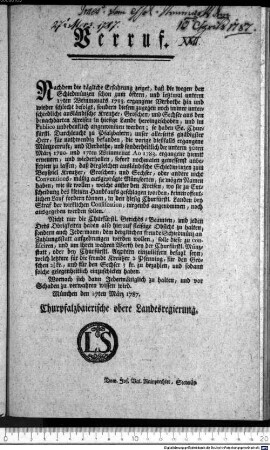 Verruf. : München den 27ten März 1787. Churpfalzbaierische obere Landesregierung. Dom. Jos. Val. Rainprechter, Sekretär.