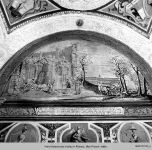 Ausmalung des Studiolo : Lünetten mit Szenen aus dem Leben des Heiligen Guido Della Gherardesca : Die Wiederauffindung des toten Heiligen im zerstörten Castello von Donoratico