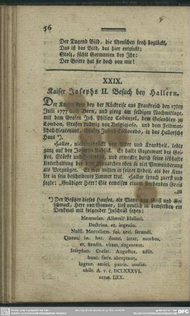 XXIX. Kaiser Josephs II. Besuch bey Hallern