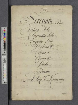 Serenata Es dur : a 8 [per] Violino Solo, Clarinetto Solo, Fagotto Solo, Violino IIdo, Corno Imo, Corno IIdo, Viola e Basso