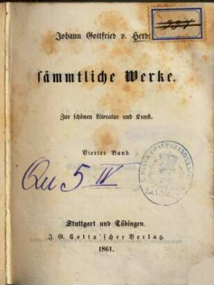 Johann Gottfried v. Herders sämmtliche Werke : in vierzig Bänden, 16. Zur schönen Literatur und Kunst ; 4