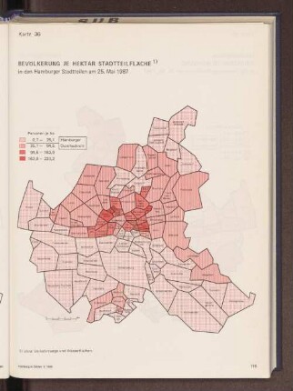 Bevölkerung je Hektar Stadtteilfläche in den Hamburger Stadtteilen am 25. Mai 1987