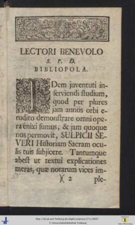 Lectori Benevolo S.P.D. Bibliopola.