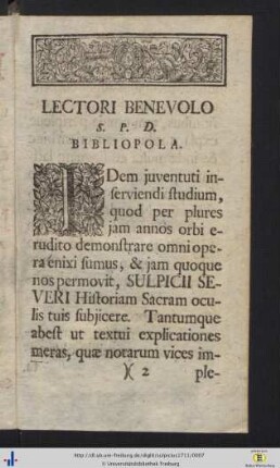 Lectori Benevolo S.P.D. Bibliopola.