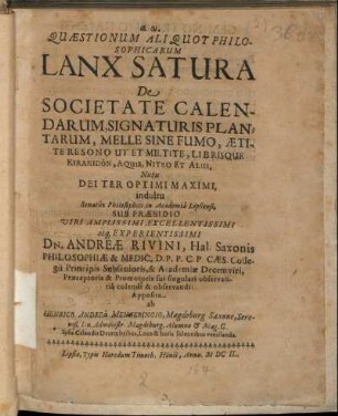 Quaestionum Aliquot Philosophicarum Lanx Satura De Societate Calendarum, Signaturis Plantarum, Melle Sine Fumo, Aetite Resono Ut Et Miltite, Librisque Kiranidon, Aquis, Nitro Et Aliis