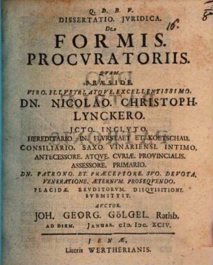 Dissertatio. Jvridica. De Formis. Procvratoriis