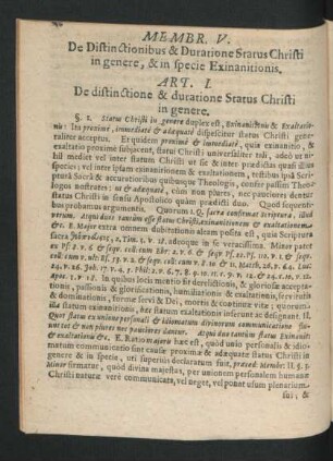 Memb. V. De Distinctionibus & Duratione Status Christi in genere, & in specie Exinanitionis.