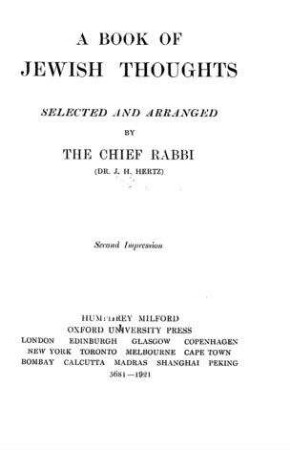 A book of jewish thoughts / selected and arr. by the Chief Rabbi (J. H. Hertz)