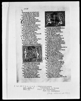 Rudolf von Ems, Weltchronik — Buchseite mit zwei Miniaturen, Folio 13recto