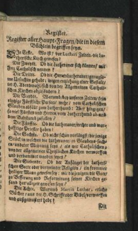 Register aller Haupt-Fragen/ die in diesem Büchlein begriffen seyn.