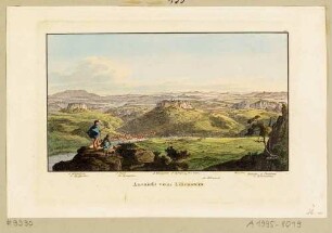Aussicht vom Lilienstein ins Elbtal, Blick in südwestliche Richtung vom Pfaffenstein (im Süden), über den Königstein bis zu den Bärensteinen (im Westen), Blatt aus den "30 Mahlerischen An- und Aussichten von Dresden ..."