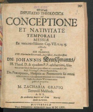 Dsputatio Theologica De Conceptione Et Nativitate Temporali Messiae