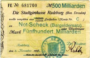 Not-Scheck (Bargeldersatz) über Fünfhundert Milliarden Mark