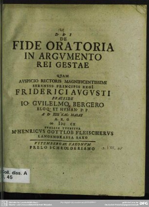De Fide Oratoria In Argumento Rei Gestae