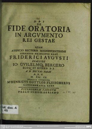 De Fide Oratoria In Argumento Rei Gestae