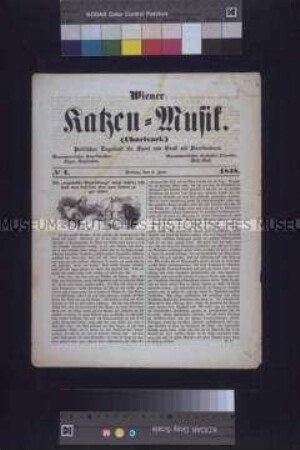 Zeitung: Wiener Katzenmusik. (Charivari). Politisches Tagsblatt für Spott und Ernst mit Karikaturen. Nr. 1; Wien, 9. Juni 1848