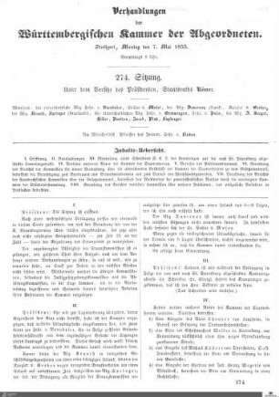 274. Sitzung, Stuttgart, 7.5.1855
