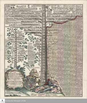 Neu Inventierter Genealogisch. Stamm Baum Aller Könige In Schweden Wie Solche Von Uhralten Zeiten Bis Auf Den Heutigen Tag In Verschiedenen Linien Auf Einander Gefolget, Da Dann Das Gesamte Pfaltzische Chur Und Hoch-Fürstliche Haus Nach Allen Linien Mit Eingeführt
