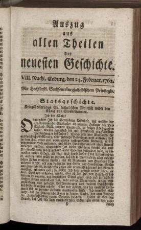 VIII. Nachl. Coburg, den 24. Februar. 1762.