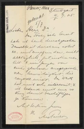 Brief an Ludwig Strecker  und B. Schott's Söhne : 04.07.1905