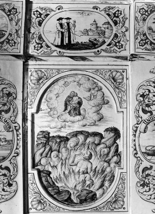 Der reiche Mann in der Hölle sieht Lazarus im Paradies : Der reiche Mann in der Hölle sieht Lazarus im Paradies. Kachel, bemalt. Salem, Ehemalige Zisterzienserabtei, Sommerrefektorium