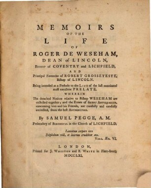 Memoirs of the Life of Roger de Weseham, Dean of Lincoln, Bishop of Coventry and Lichfield