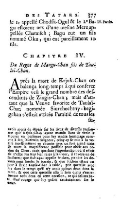 Chapitre IV. Du Regne de Mangu-Chan fils de Taulai-Chan