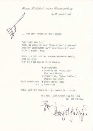 Schreiben von Margot Hielscher an Klaus G. Jaeger vom 25.01.1993