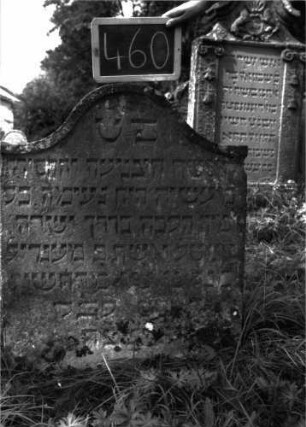 Grabstein 460 (Index: 100102704) Material: Sandstein Zustand: unten leicht verwittert, teilweiser Textverlust Maße HxBxT: 96x74x6 cm Beschreibung: Stele, Konvexbogenabschluss mit Verdachung, seitlich unterhalb der Verdachung leicht eingezogen: Grabstein 460