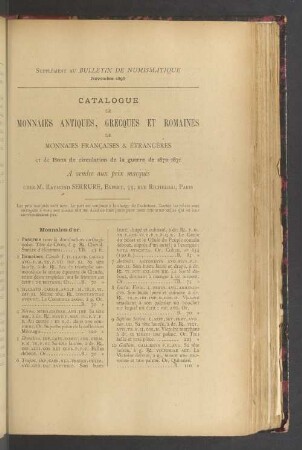 Supplément au Bulletin de numismatique. Novembre 1896. Catalogue de monnaies antiques, grecques et romaines de monnaies françaises & étrangères et de Bons de circulation de la guerre de 1870-1871