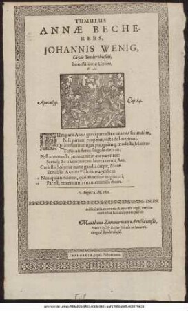 Tumulus Annae Becherers, Johannis Wenig, Civis Sondershusini, honestissimae Uxoris, p. m. ... 15. August. An. 1606.