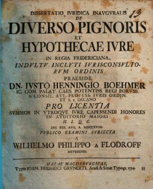 Dissertatio Ivridica Inavgvralis De Diverso Pignoris Et Hypothecae Ivre