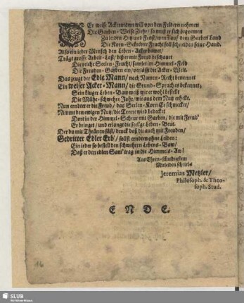 Metzler, Jeremias: Der weise Ackermann... [Trauer-Gedicht; Druck]