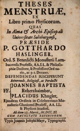 Theses Menstruae : Ex Libro primo Physicorum