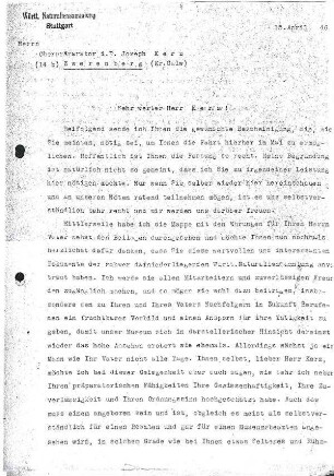 Schreiben der Württ. Naturaliensammlung Stuttgart an Joseph Kerz