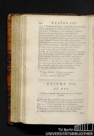Epitre VIII. Au roi. L'auteur composa cette epitre en 1677, à l'âgé de 40 ans.