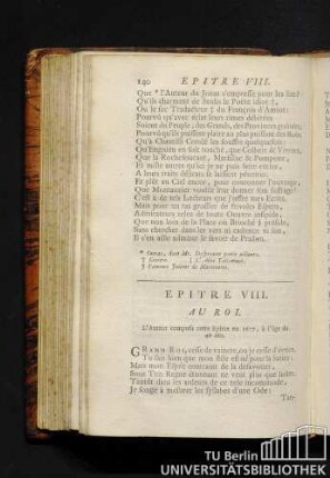 Epitre VIII. Au roi. L'auteur composa cette epitre en 1677, à l'âgé de 40 ans.